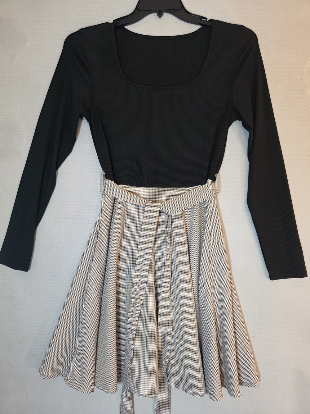 Black Bodice with Plaid Skirt Long Sleeve Skater Dress